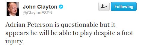 John Clyton tweet about Adrian Peterson